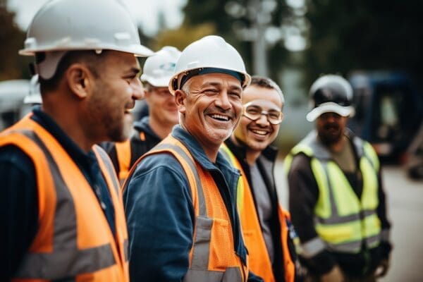 Men builders in reflective vests and helmets pose for photo smiling during work break | Fast Labour Hire labour hire