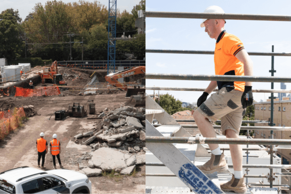 Permanent Recruitment vs Temporary Labour Hire for Tradespeople | Fast Labour Hire Construction site scene split in half: left shows rubble, heavy machinery, and workers in orange vests; right shows a man in an orange shirt and hard hat climbing scaffolding on a building.